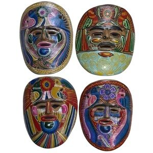 Mexican Folk Art Face Mask 8" Terra Cotta Lot Of 4 Hand Painted Ceramic Clay